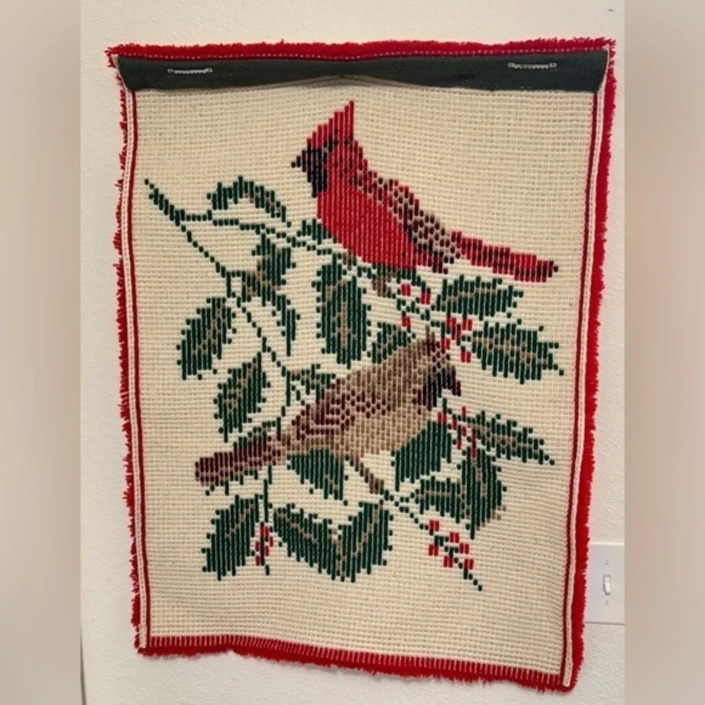 Vintage Cardinal‎ Hollyberry Latch Hook Wall Hanging Handmade Holiday
